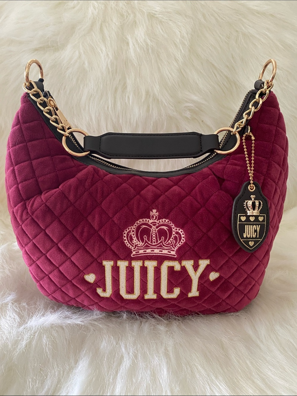Juicy Couture Quilted Velour Crowning Glory Hobo Bag in Plum Berry/ Chocolate